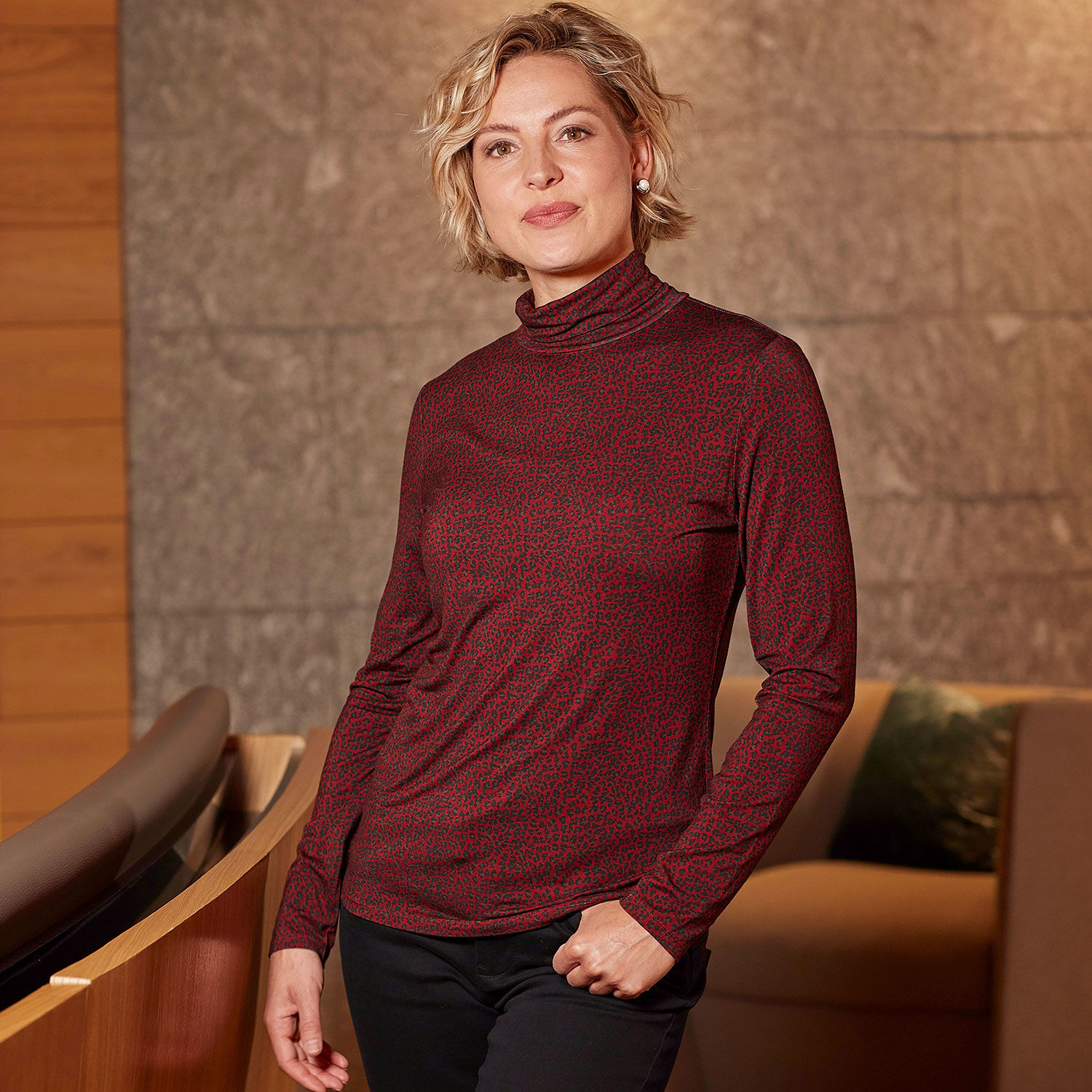 Stretch Rollkragenshirt Damen Animal-Print