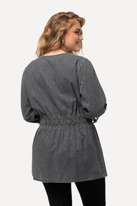 Jeansbluse, Quernaht, A-Linie, V-Ausschnitt, 3/4-Arm