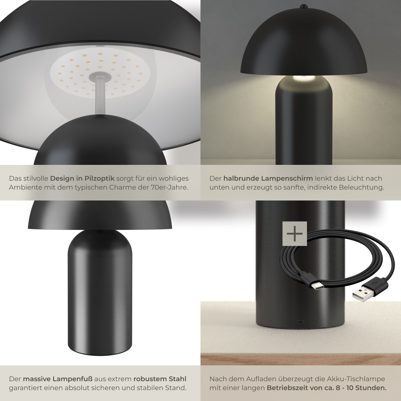 tectake® Akku-Tischlampe, Retro-Pilzdesign im 70er-Jahre-Stil, indirektes Licht, Touchschalter, inkl. Ladekabel, 25 x 34 cm