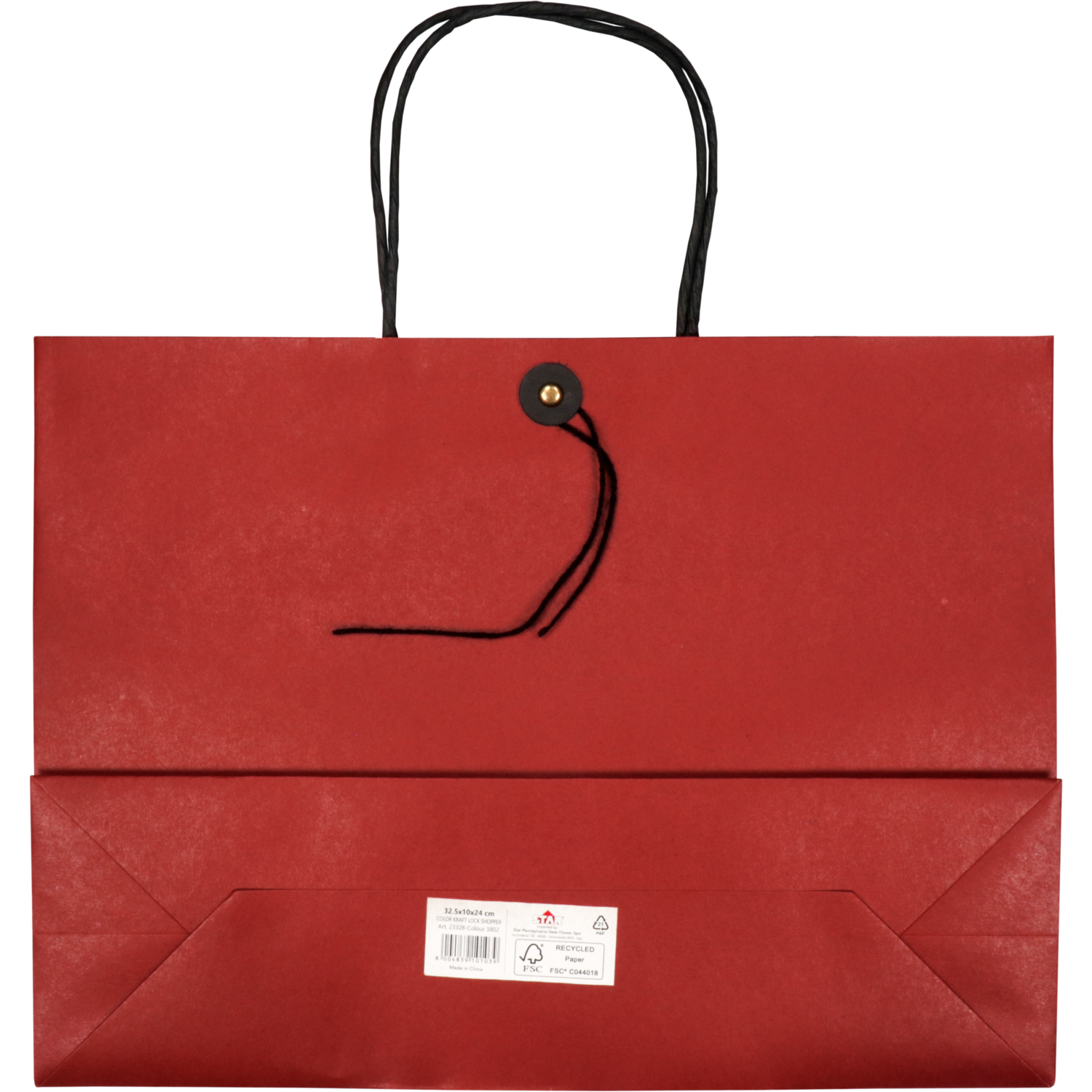 Tas, Papier, gedraaid papieren koord, japanse sluiting, 32.5x 10x24cm, draagtas, rood