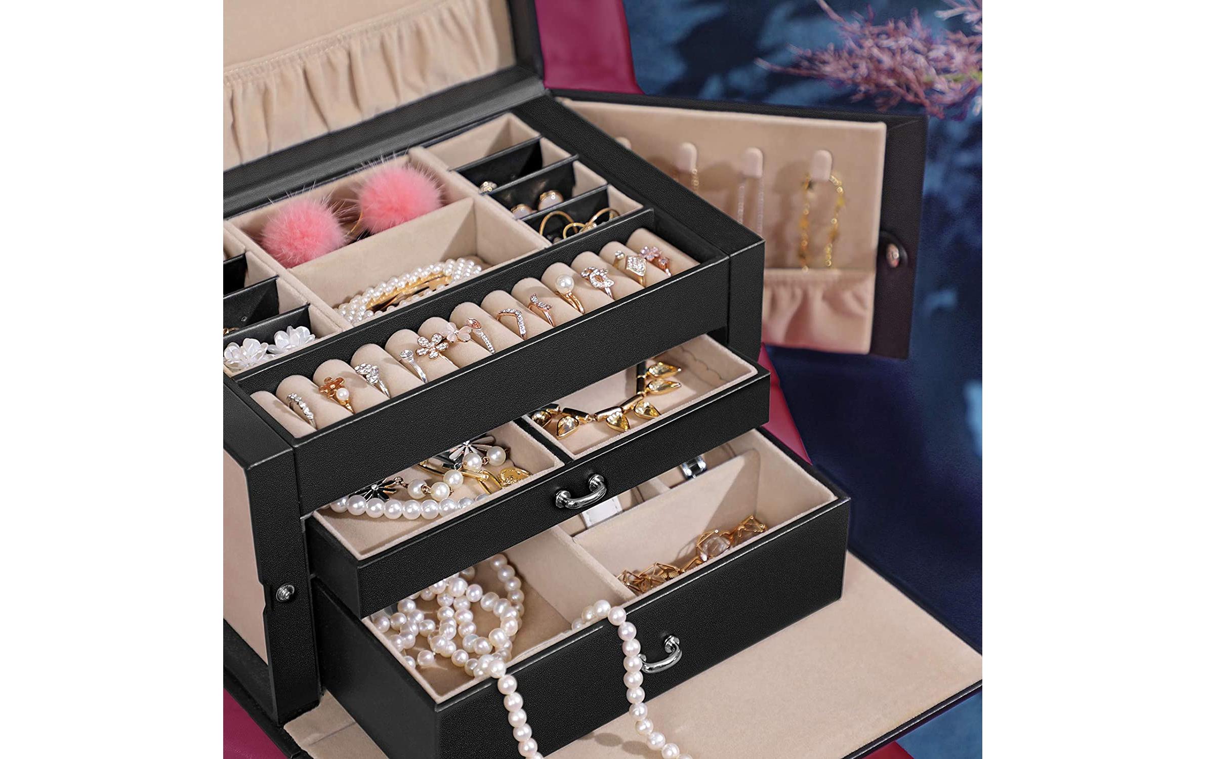 Schmuckschatulle mit 3 Ebenen, Schwarz, KunstlederSchmuckbox abschliessbar