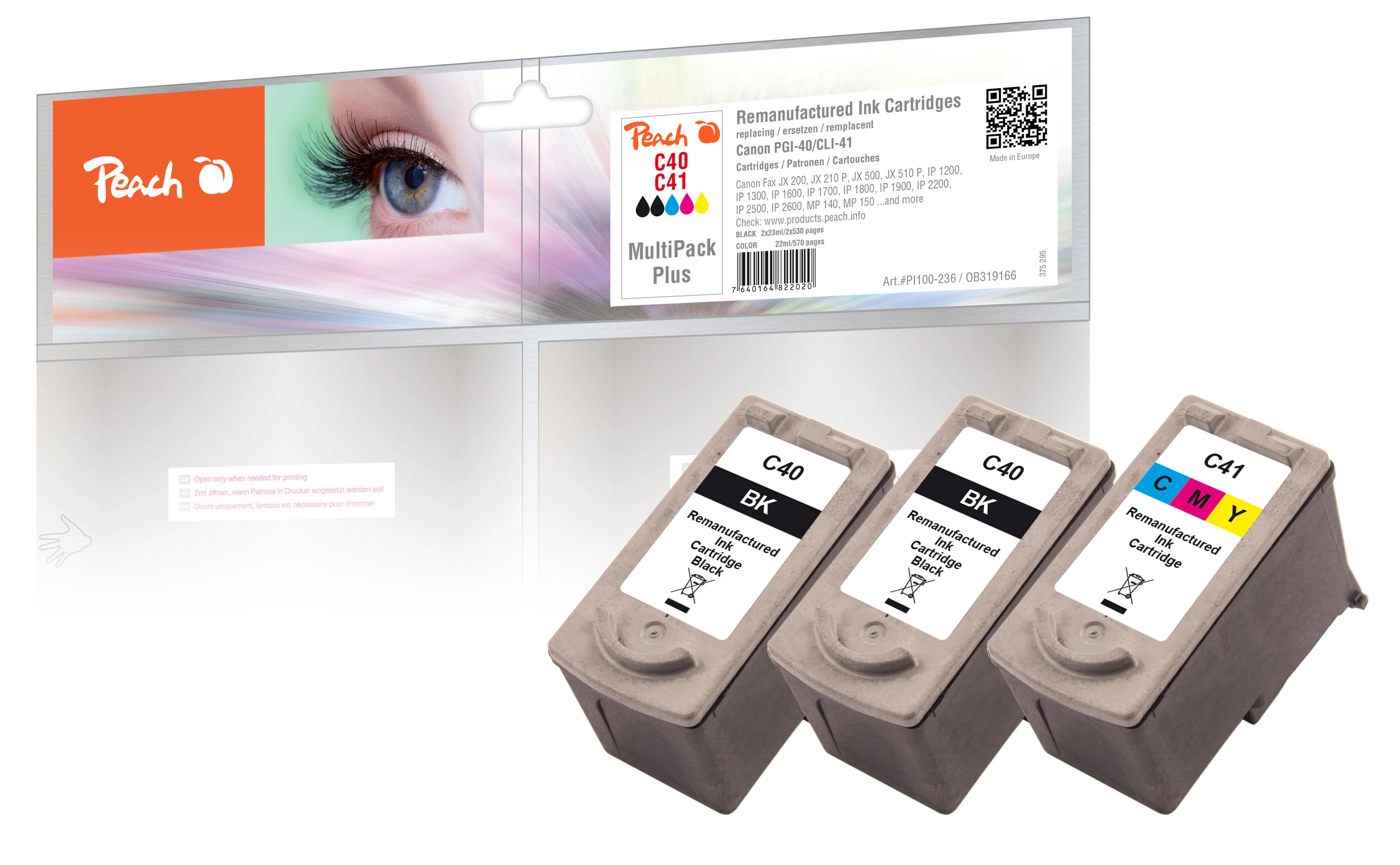 Peach C40 BK 3 Druckköpfe (2*bk, col) ersetzt Canon PG-40BK*2, CL-41C, 0615B036 für z.B. Canon Pixma MP 220, Canon Pixma IP 1200, Canon Pixma IP 1300 (wiederaufbereitet)