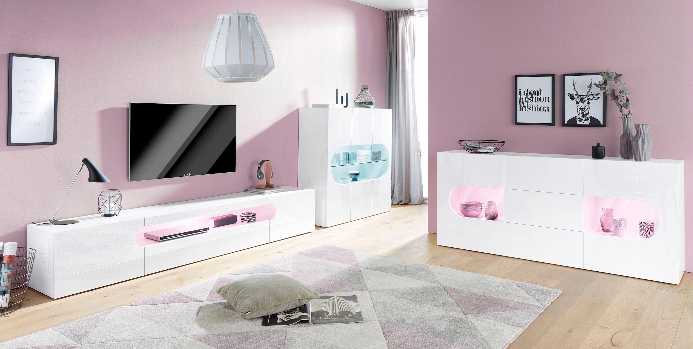 INOSIGN Highboard »Real,Highboard,Kommode,Schrank mit 3 Türen,komplett hochglanz lackiert« mit 3 Türen, davon 2 aus Glas, mit einer grossen Glasablage, Höhe 121