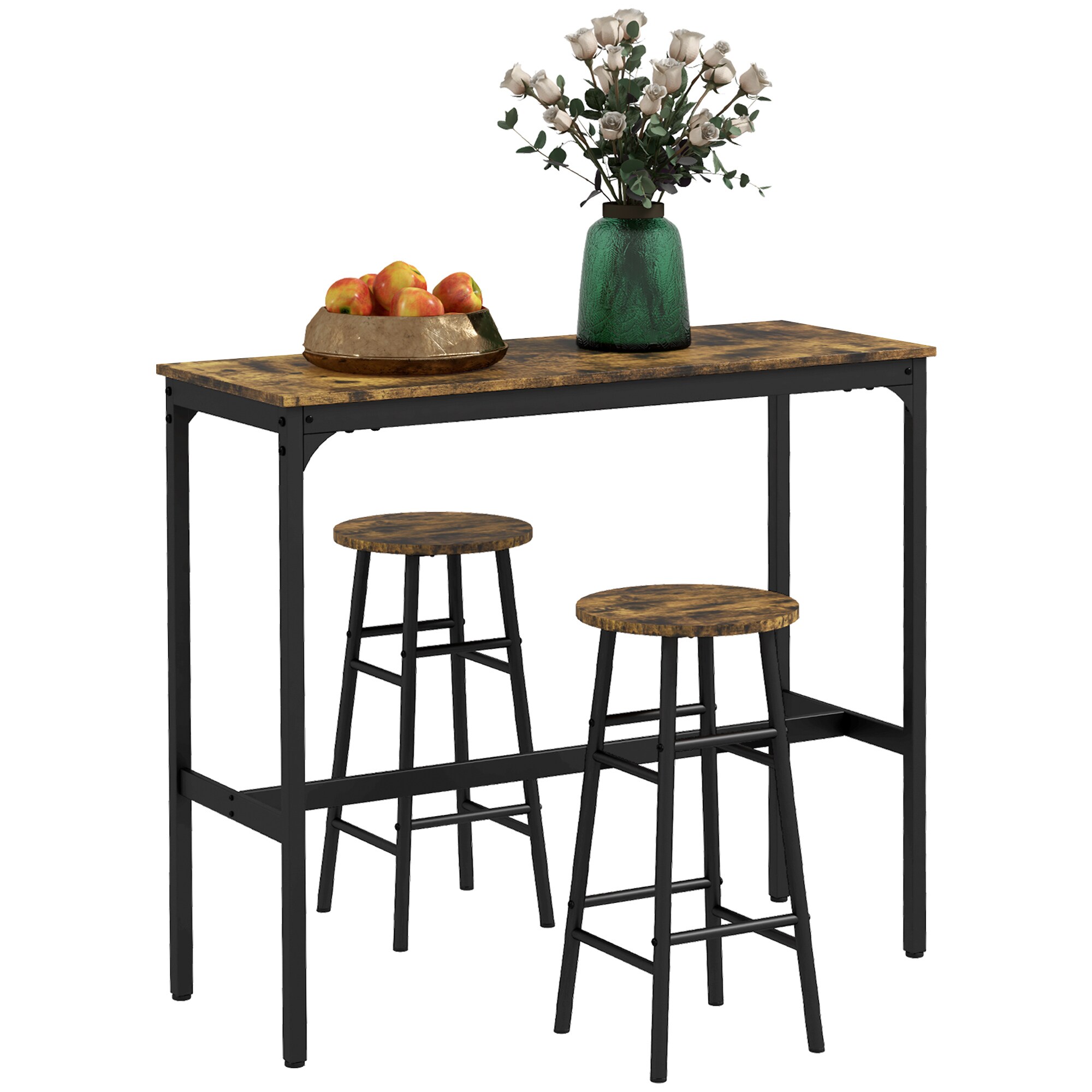 HOMCOM Bartisch-Set mit 2 Hocker braun 105L x 40B x 90H cm