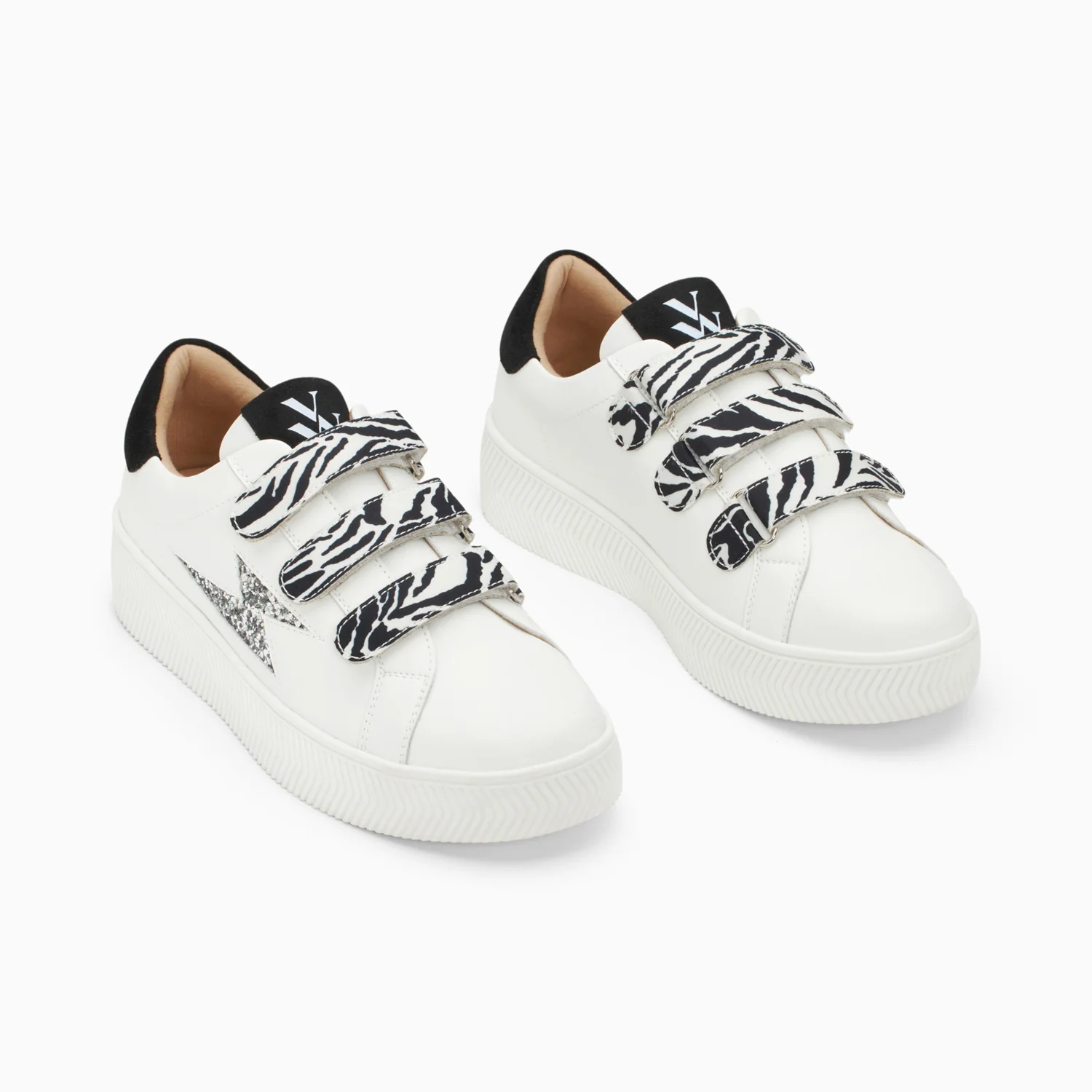 Sneakers-Baskets éclair Noura blanc et argent à scratchs zèbre