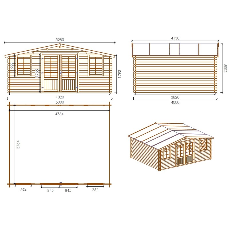 Abri de jardin en bois - 5x4 m - 30 m2 + terrasse avec balustrade et avant-toit en bois - traité