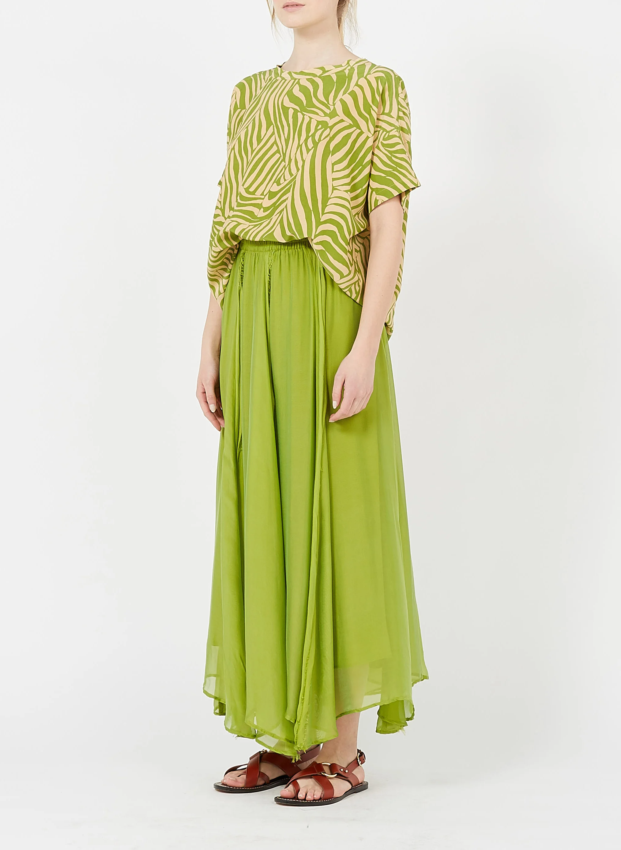 CHILI - Jupe longue fluide en soie et viscose | Vert