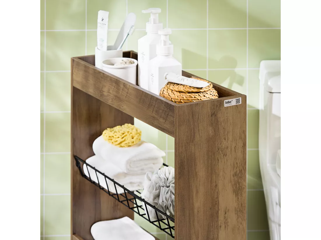 Chariot de Rangement Mobile sur 3 Niveaux Étagère de Niche à Roulettes en Bois et métal, BZR46-N