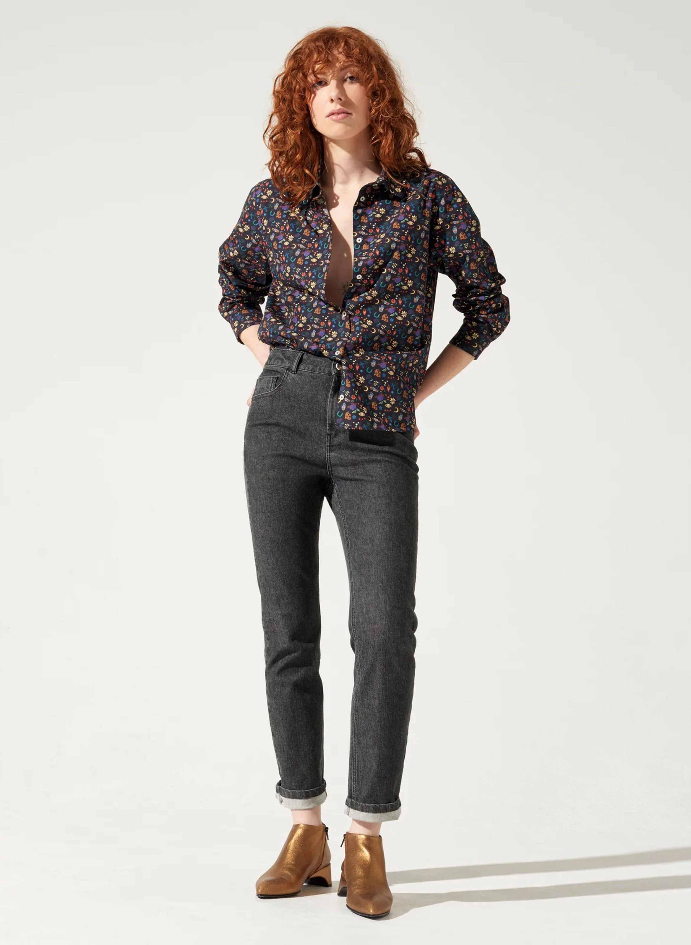 LUNA - Chemise col classique droite en coton imprimé | Noir