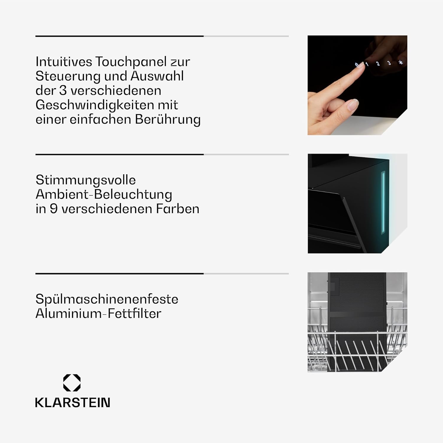 Klarstein Dunstabzugshaube Alina - 90-cm-Wandhaube, 615 m³/h Luftstrom, Energieeffizienzklasse A, LED-Beleuchtung in 9 Farben, Touch-Bedienfeld, Umluftbetrieb, Schwarz