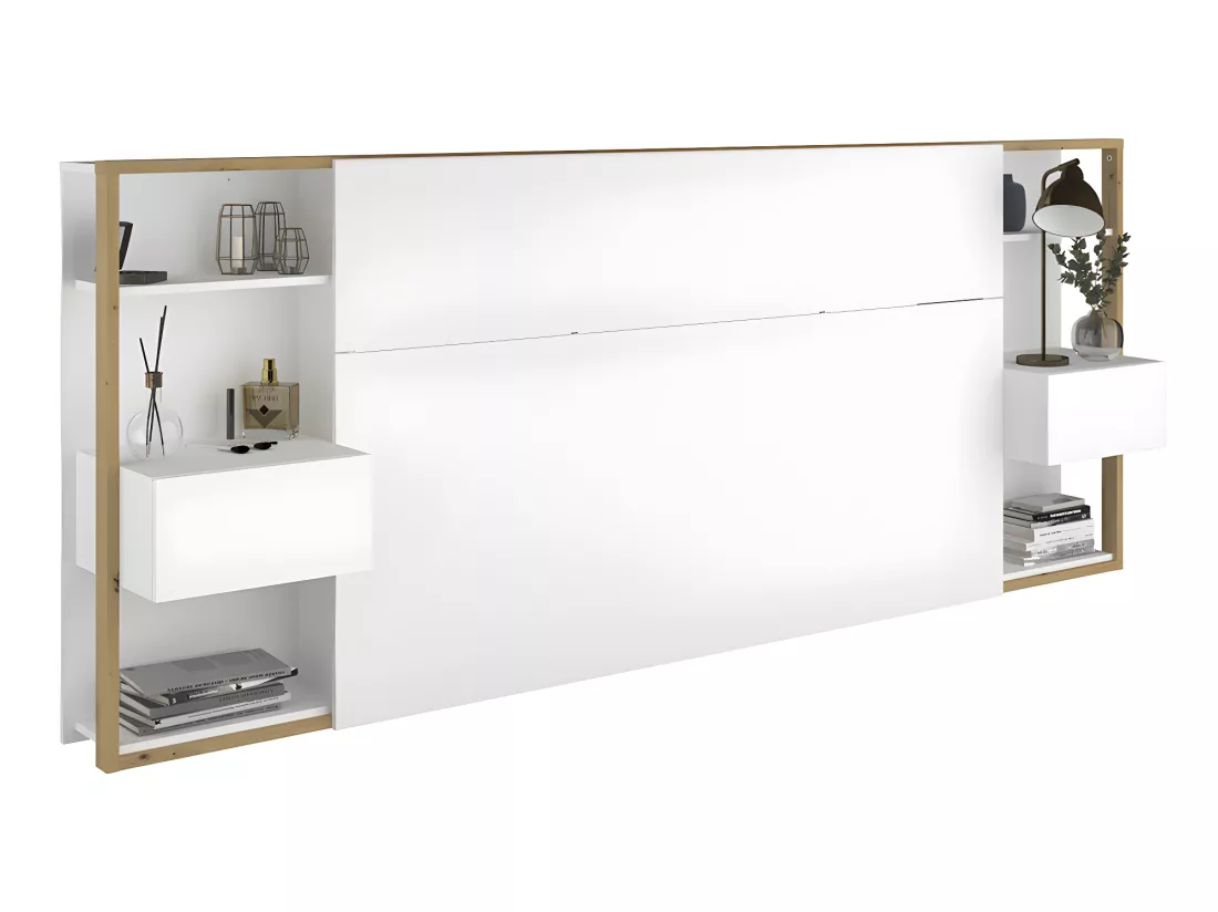 Lit avec chevets et rangements 160 x 200 cm - Coloris : Blanc et naturel + Sommier - MISTA