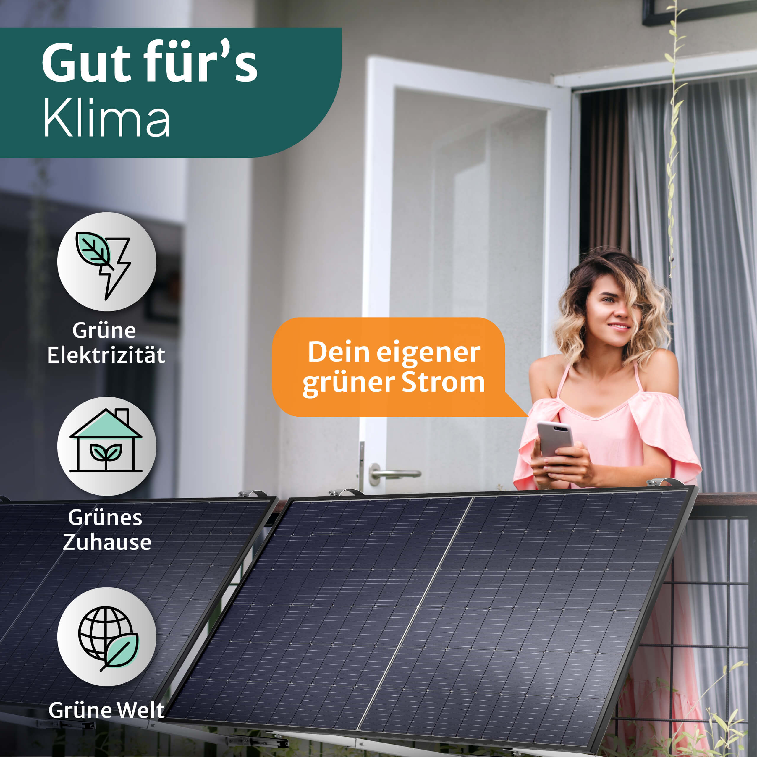 STROMGANZEINFACH 2x440W mit Geländer-Halterung - 15m Kabel Balkon-Solaranlage