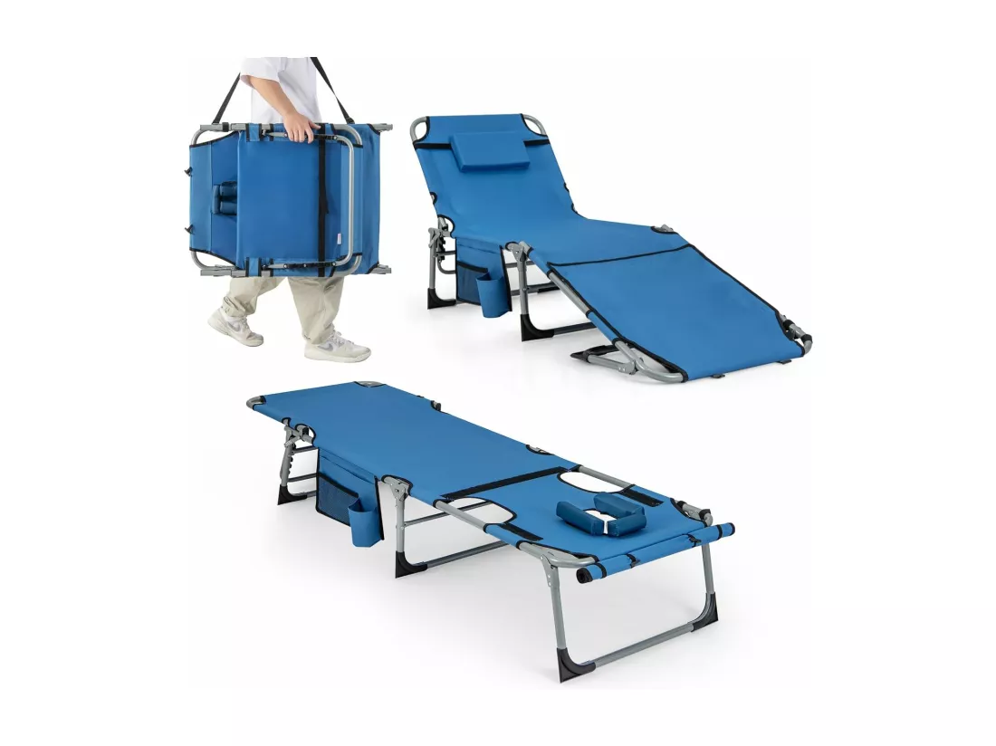 Bain de Soleil en Aluminium avec Dossier Réglable, Chaise Longue Pliante avec Oreiller Amovible et Trou pour Le Visage, Transat avec Poche Latérale, pour Jardin, Plage, Charge 180 KG (Bleu)