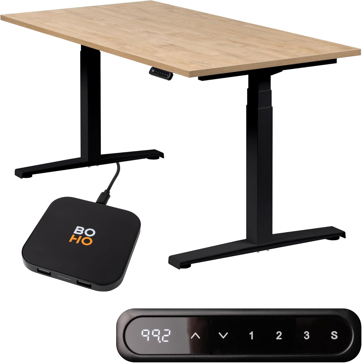 boho office® Höhenverstellbarer Schreibtisch 180 x 80 cm - Elektrisch stufenlos, inkl. Wireless Charger, Memoryfunktion, Kollisionsschutz - Basic Line Schwarz inkl. Tischplatte in Wildeiche