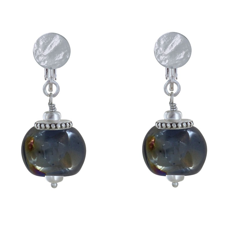 Boucles d'Oreilles Clip Métal Argenté et Grosses Perles en Céramique