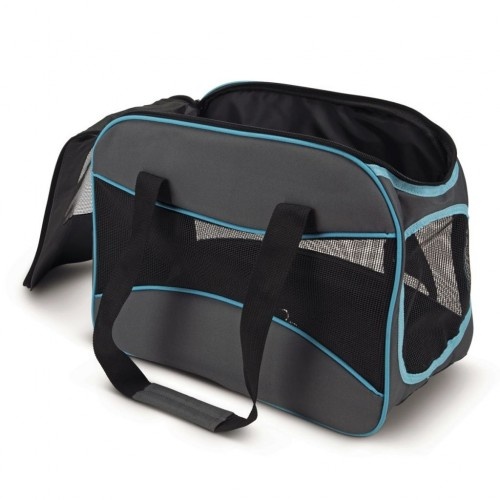 Bolsa de viagem para animais de estimação em nylon, preta e azul.