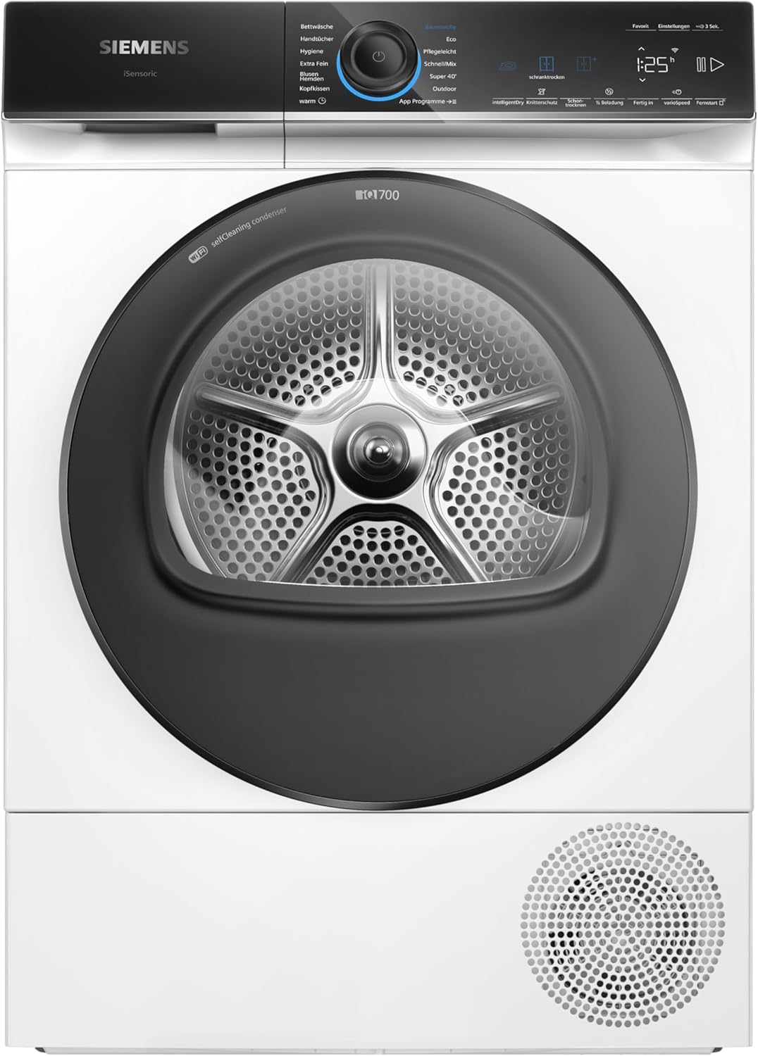 Siemens WQ46B2D0AM iQ700, Wärmepumpentrockner 9 kg, Selbstreinigender Kondensator, schonendes Trocknen, intelligentDry, Halbe Beladung, Knitterschutz, Home Connect, Trommelinnenbeleuchtung, Weiß