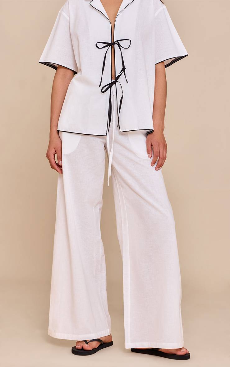 Crème Pantalon Large À Effet Lin Avec Détails Contrastés