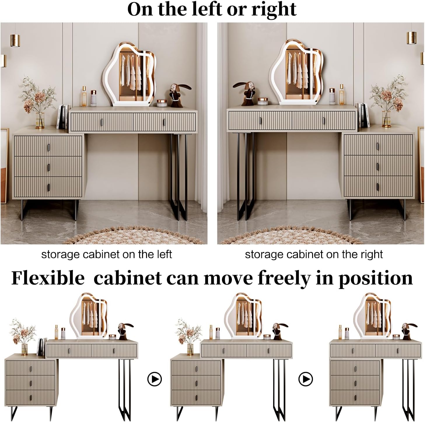 Cômoda leejdn com espelho regulável com tela sensível ao toque de 3 cores, penteadeira moderna para maquiagem com armários ajustáveis e 4 gavetas deslizantes, ideal para lavabo e quarto.
