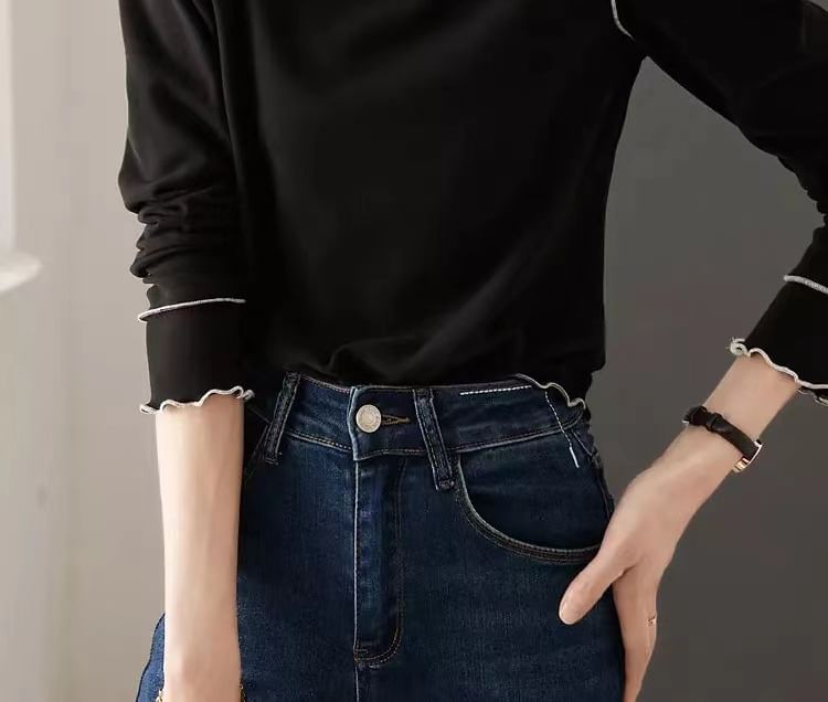 Jeonseon - T-shirt met lange mouwen, hoge hals en contrasterende rand
