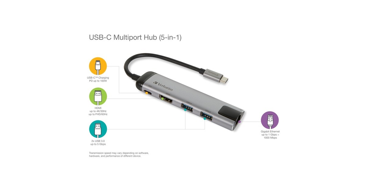 VerbatimUSB 3.2 Gen 1 multiport hub, USB-C > 2x USB-A + USB-C + HDMI + RJ-45 usb-hub  (Zilver/zwart, PD, opladen tot 100 watt)