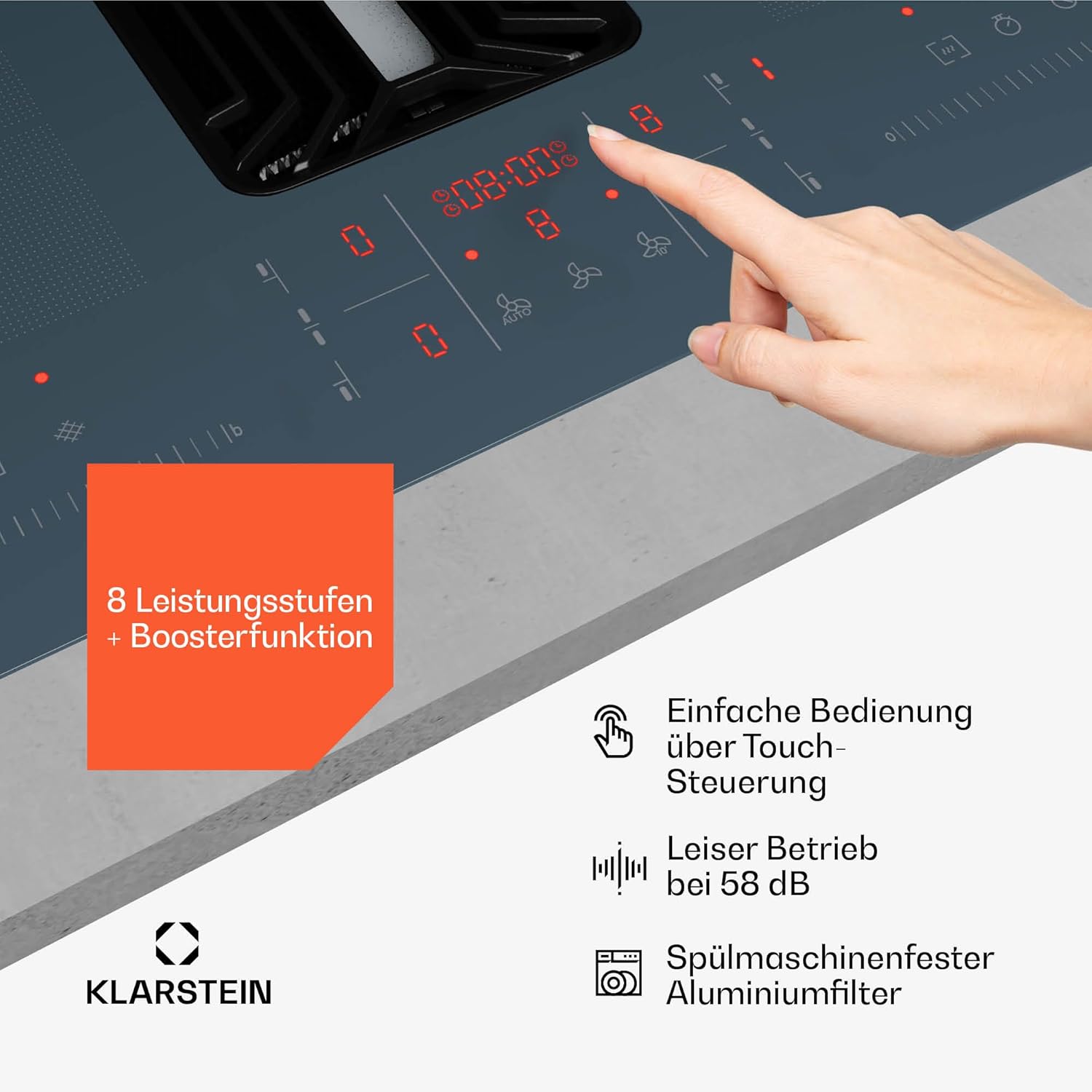 Klarstein AirJet FlexPro Induktionskochfeld Mit Dunstabzug - A++ Effizienz, 750 m³/h Luftstrom, 14 kW Leistung, 58 dB Leise, Touch-Steuerung, Flex-Zone, Anthrazit