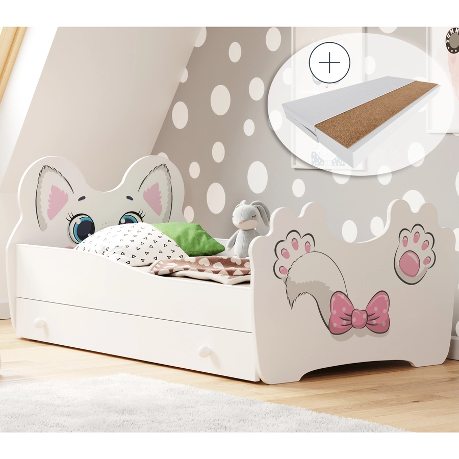 Kids Collective Kinderbett Jugendbett 70x140 cm mit Matratze, Schublade und Lattenrost,  MDF-Holz weiß - Katzenmotiv