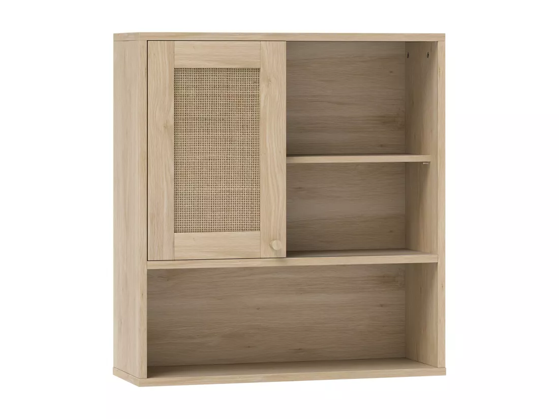 Armoire murale de salle de bain style cosy chic - porte coulissante rotin, étagère, niche - effet bois clair