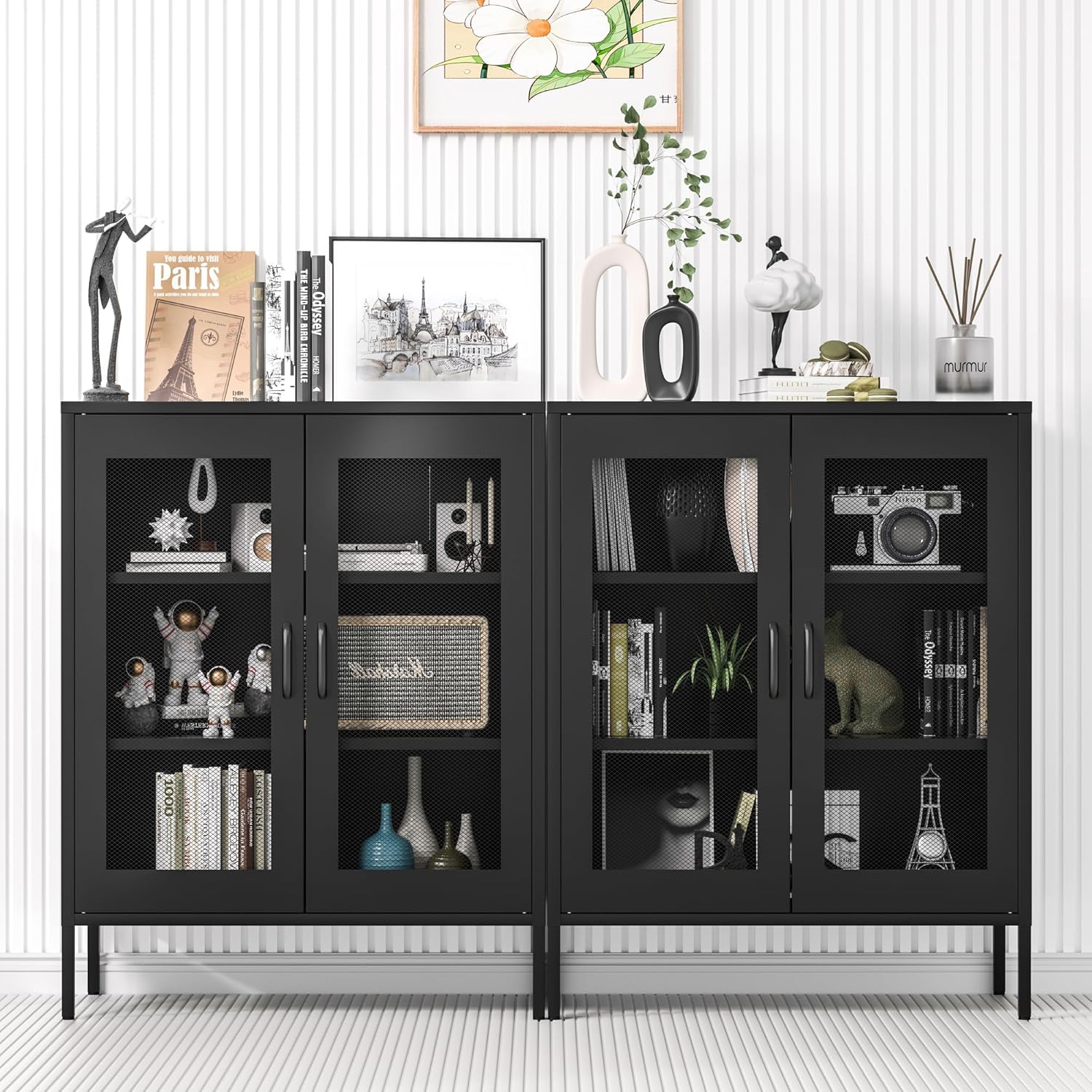 Metall-Speicherschrank mit Maschendrahttüren, Sideboard-Schrank mit 2 Türen und 2 verstellbaren Regalen, Mehrzweck-Schrank aus Stahl, 40B x 80T x 101,5H cm, Schwarz
