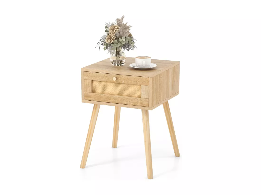 Table de Chevet en Rotin, Table de Nuit Bois avec Tiroir et 4 Pieds en Pin, Chevet de Lit pour Chambre, Salon, Style Naturel, 40 x 40 x 55 cm