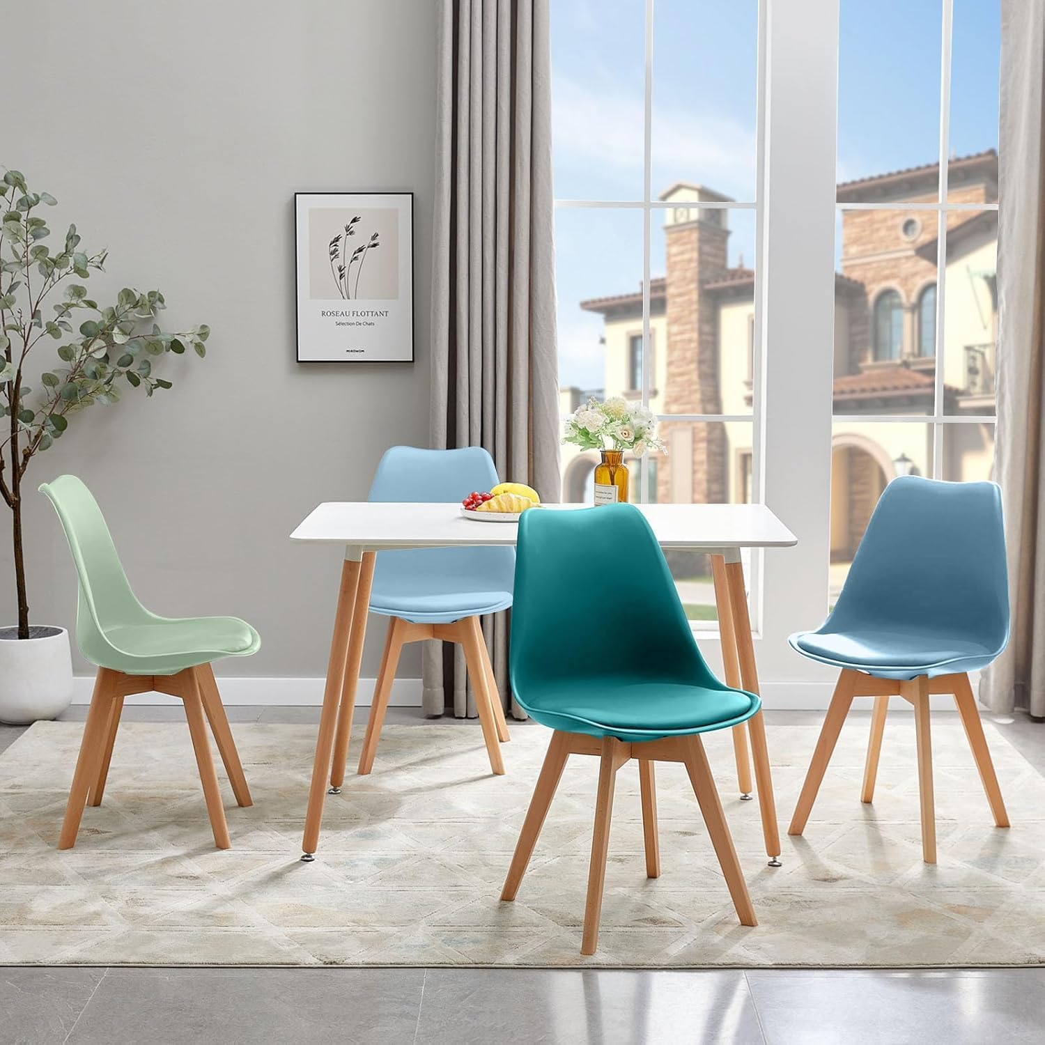 EGGREE 8er Set Esszimmerstühle im Skandinavischen Stil,8 Küchenstühle in Modernen Hellen Farben,Gepolstert in PU mit Buchenholz Beine, Morandi Lichtblau+ Türkis+Helles Khaki+Schokoladenbraun