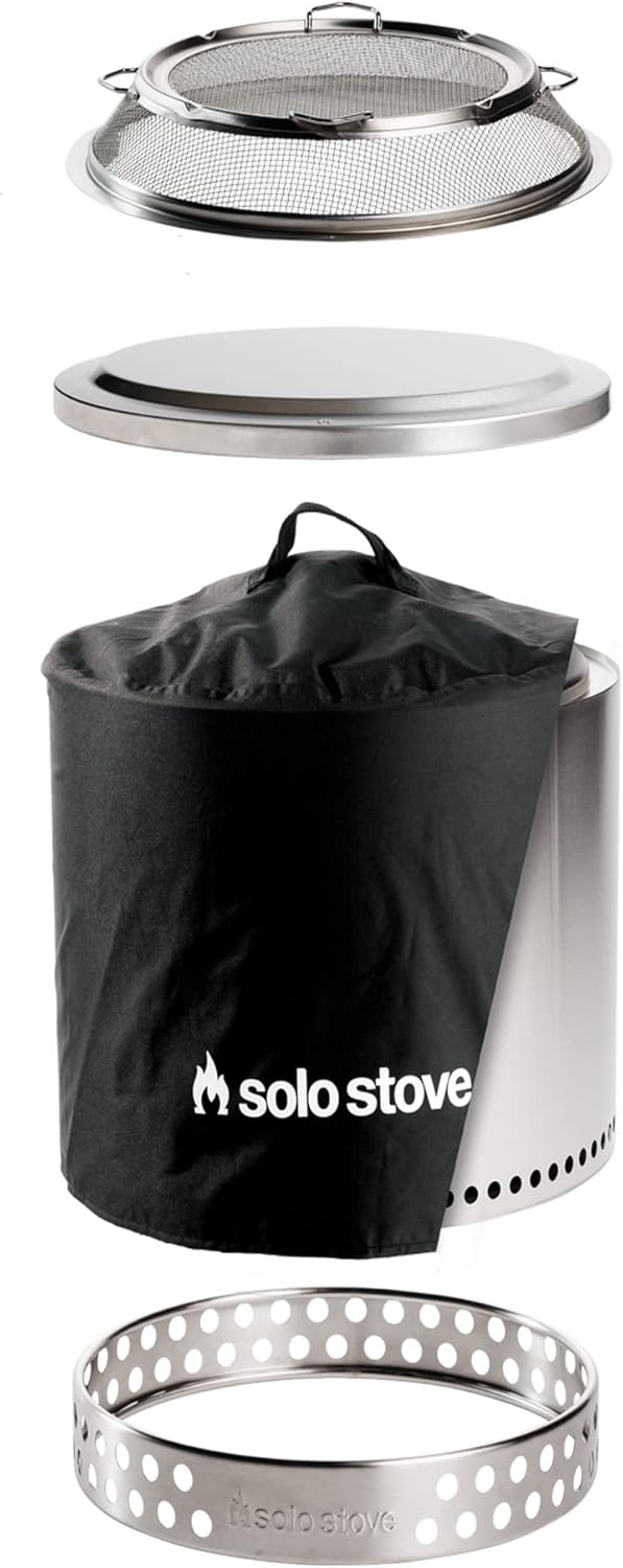 Solo Stove Feuerschale Ranger Gartenset 2.0 | Inkl. Feuerstelle, Standfuß, Funkenschutz, Abdeckung, Deckel, Raucharme Holzverbrennung, Herausnehmbare Auffangschale, Edelstahl, 38 x 41,5 cm, 9,1kg