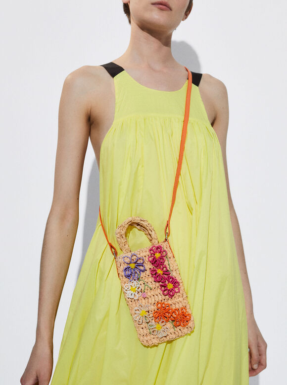 Bolsa Móvil Rafia Con Flores - Bege