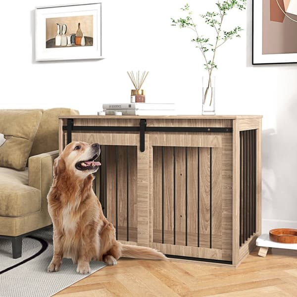 Hundebur Hundeboks Med Skyvedør, Innendørs Hundehus Med Trelook, Låsing, For Store Hunder Opptil 30 Kg, 98 X 58 X 67 Cm, Valnøtt