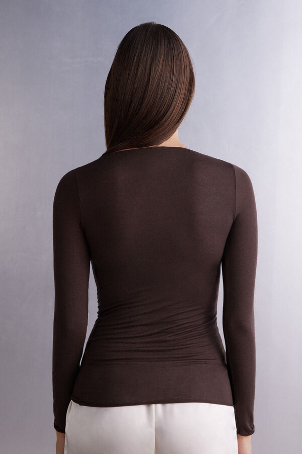 Camiseta de manga comprida ultraleve com decote canoa em cashmere modal