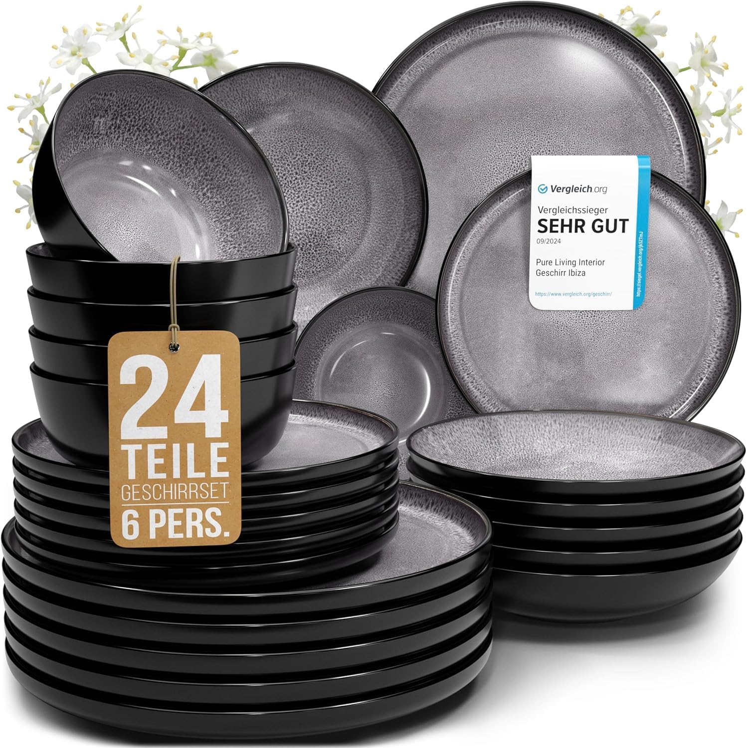 Steingut Geschirrset 6 Personen Ibiza 24 tlg, Traumhaftes Mediterranes Steingut Geschirr Set, Schüssel- und Teller Set, Tafelservice 6 Personen, Geschirrsets Pure Living in Grau/schwarz