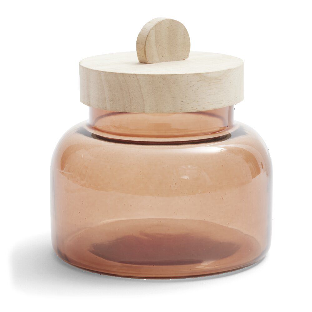 Boîte en verre marron + couvercle bois Ø12xH16cm