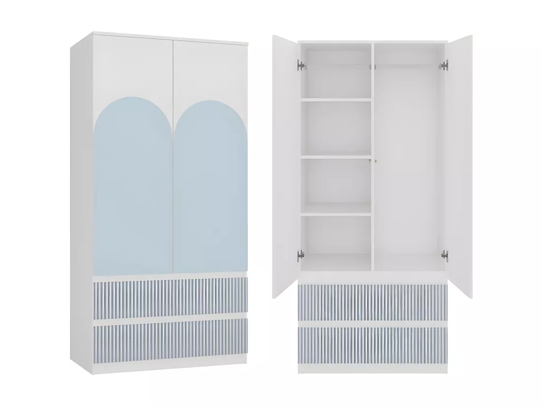 TURIN | Armoire moderne chambre enfant bleu | Penderie multifonctions | 2 portes + tiroirs | Dressing | Système TIP-ON