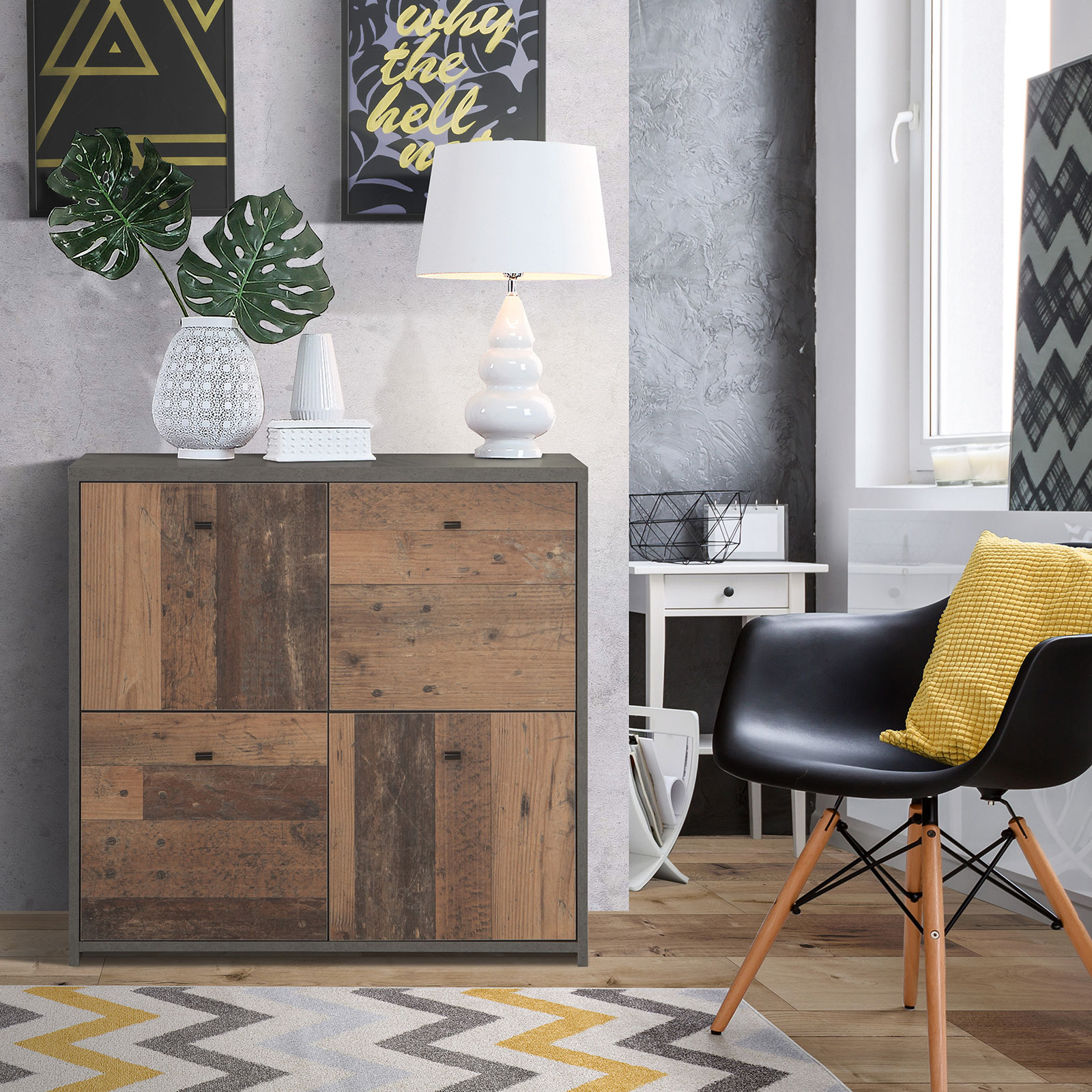 Kommode - Betonoptik - Old Wood Vintage - 77cm breit - vier Türen