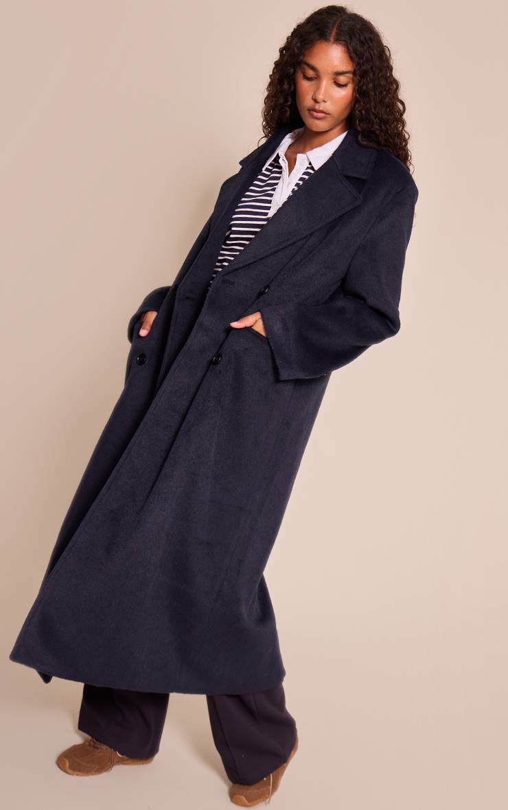 Bleu Marine Manteau Long Structuré En Laine À Double Boutonnage