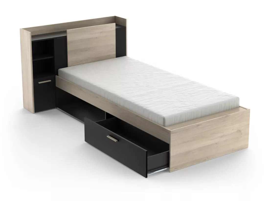 Lit modulable 90 x 190/200 cm avec rangements - Noir et naturel - MARTELO