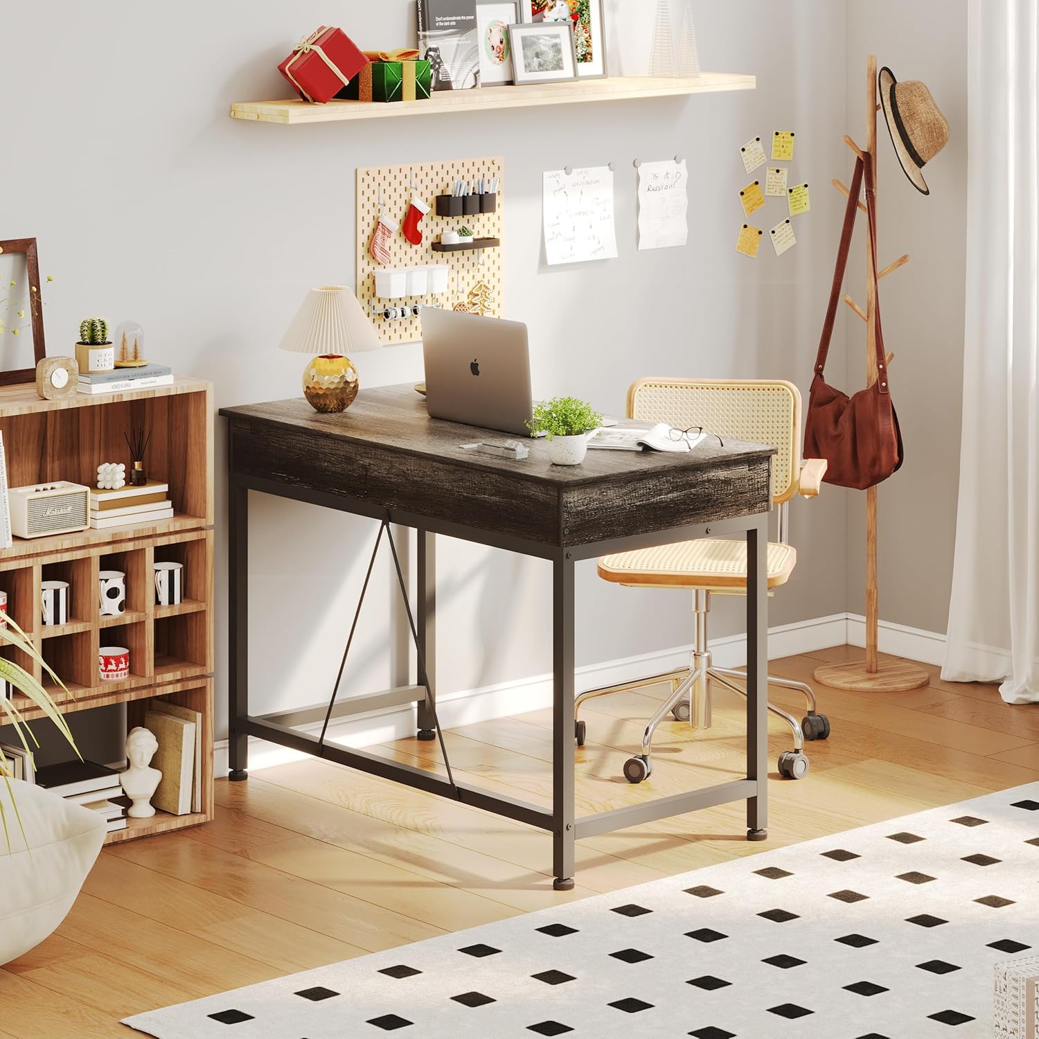 Schreibtisch mit 2 hölzernen Schubladen, Home Office Computertisch mit Lagerung, einfache moderne Kinder Schreibtisch, Arbeit Studie PC Tisch Officetisch für kleine Räume(Eiche Grau, 100x50x73cm)