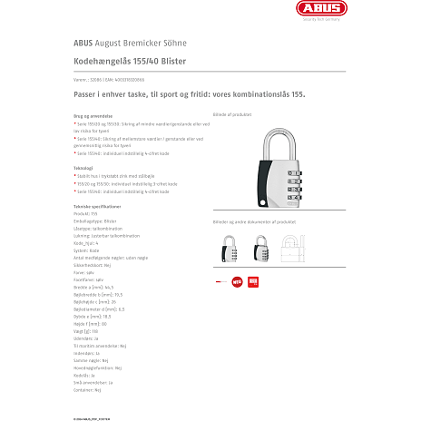 ABUS kodelås 155/40 - sølv