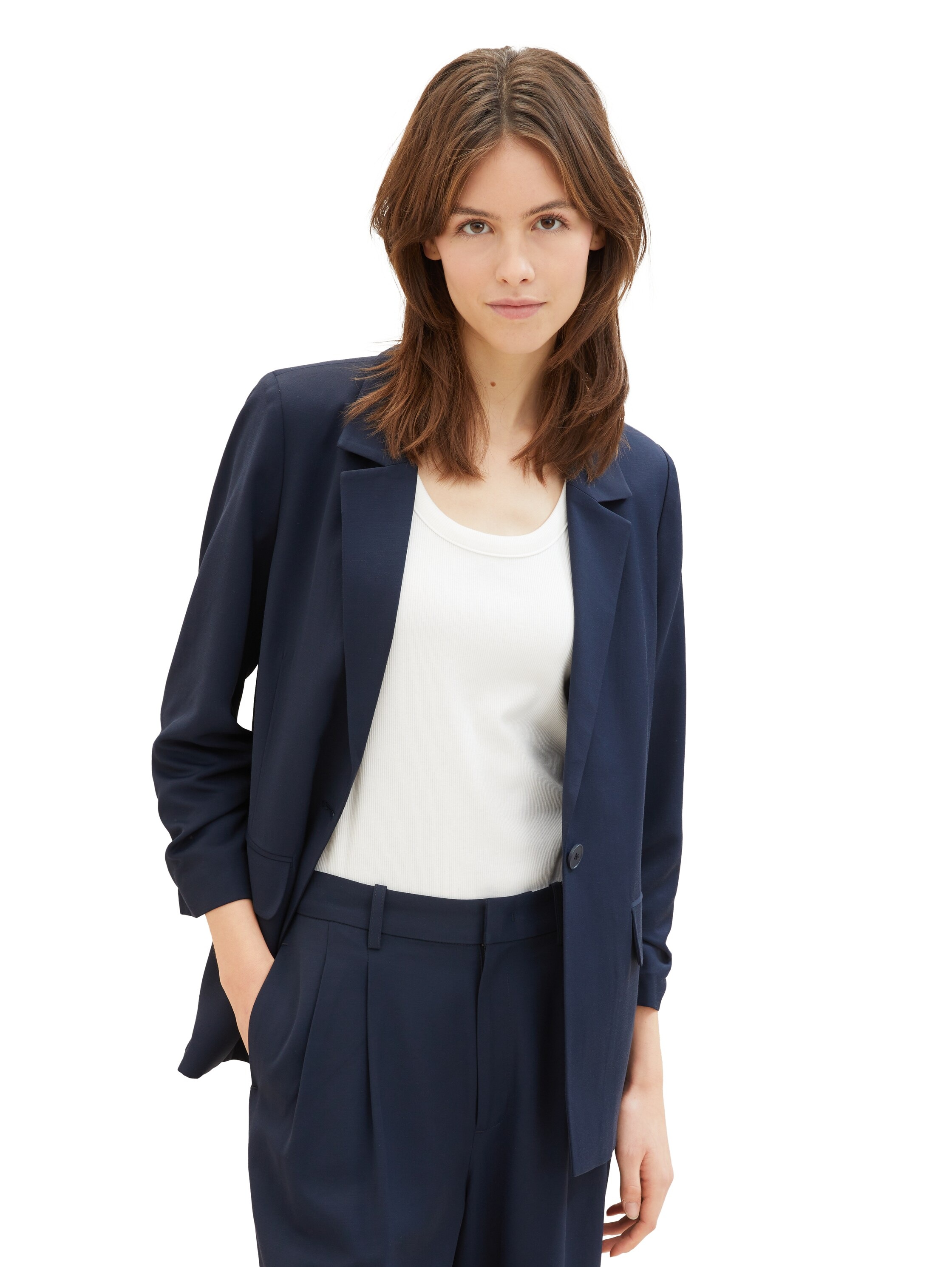 TOM TAILOR Denim Kurzblazer , mit gerafften Ärmeln und fliessender Viskose