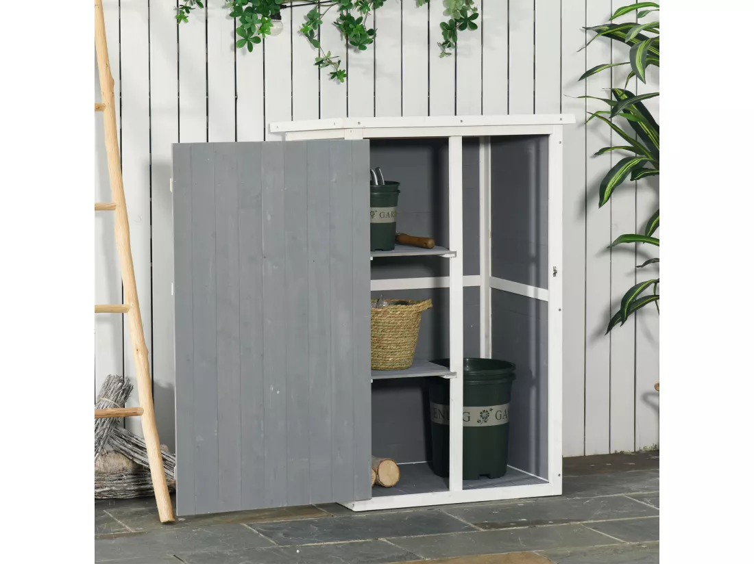 Armoire abri de jardin remise pour outils - grande porte verrouillable loquet - 2 étagères - toit bitumé incliné bois de sapin blanc gris