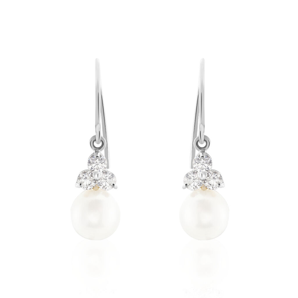 Boucles D'oreilles Pendantes Taissia Or Blanc Perle Culture Et Oxyde