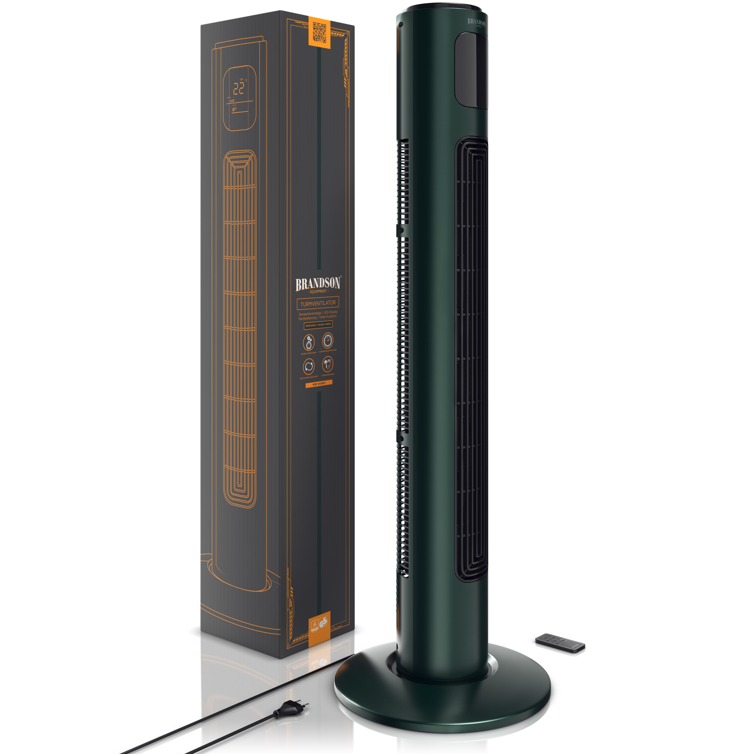 Brandson Turmventilator mit Fernbedienung, zuschaltbare Oszilation 60°, Standventilator, mobiler Lüfter, Säulenventilator, 96 cm, Ventilator