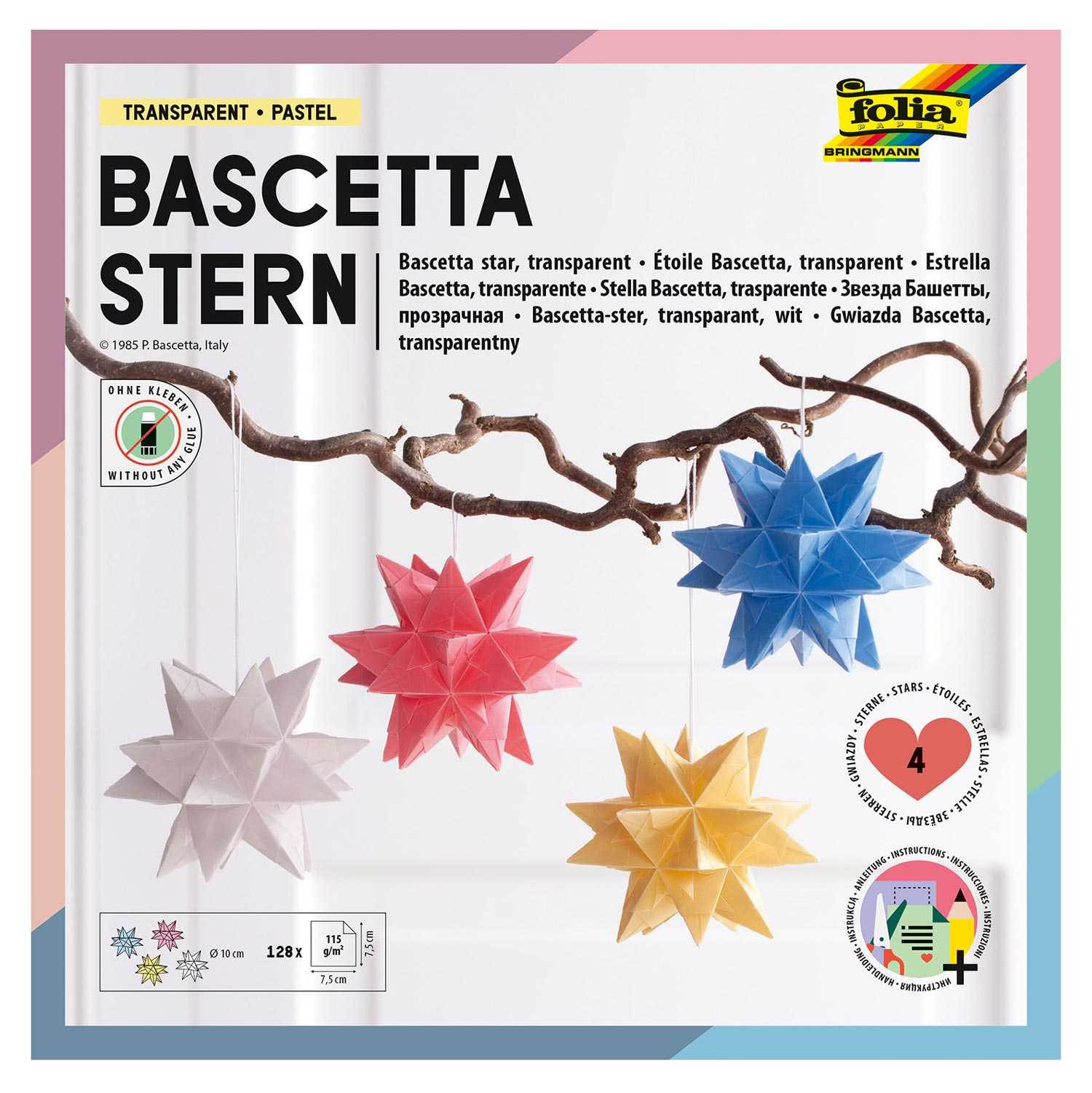 Folia Bascetta Stern-Set 7,5 x 7,5 cm 115 g/m² 4x Pastellfarben/transparent 128 Blatt