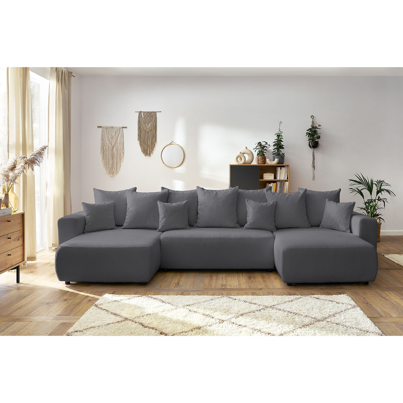 Bobochic Canapé panoramique convertible coffre bouclette envy gris foncé - 386x153x95 cm