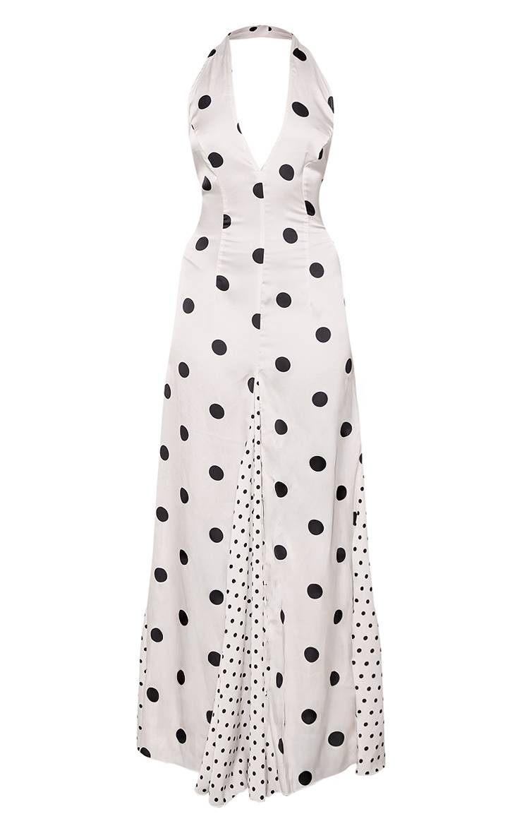 Blanc Robe Longue À Col Licou Et Pois Contrastés